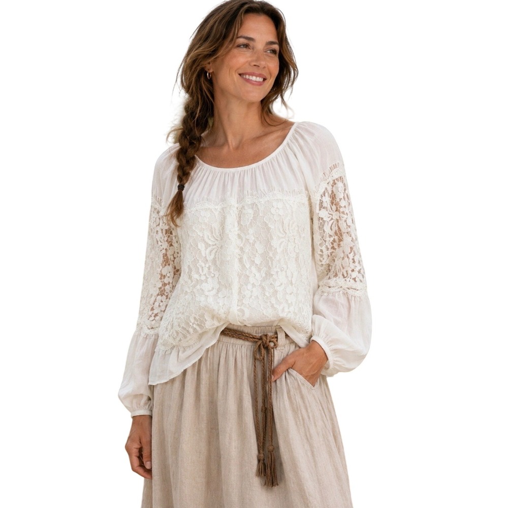 XCVI White Lace Crochet Boho Top Blouse‎ Small  Oversized Boho Peasant